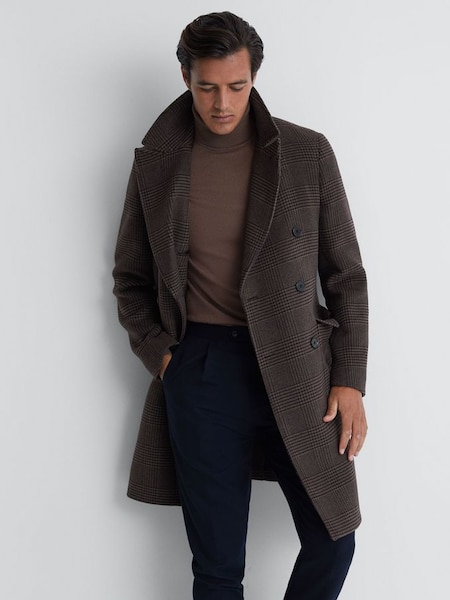 羊毛方格圖案雙排扣棕色大衣 (N33361) | HK$3,425