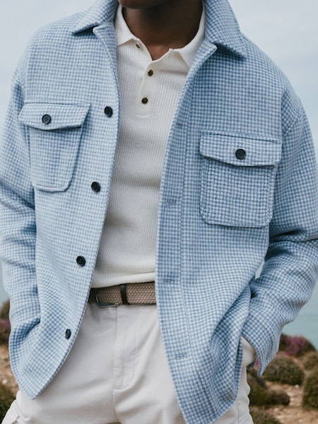 Houndstooth Button-Through Overshirt in Soft Blue/White (N33367) | $290