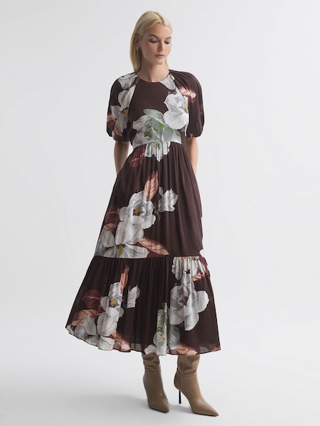 Florere Linen Silk Puff Sleeve Midi Dress in Chocolate (N33401) | $263