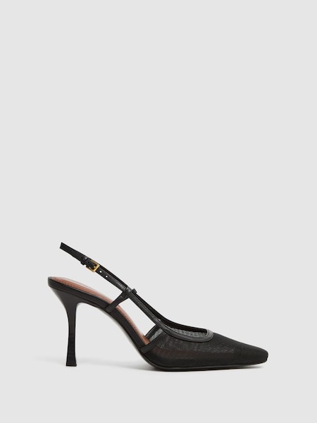 Leather Mesh Slingback Heels in Black (N36437) | $285