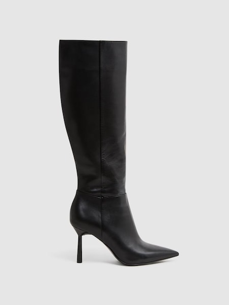 Leather Knee High Heeled Boots in Black (N36446) | $590