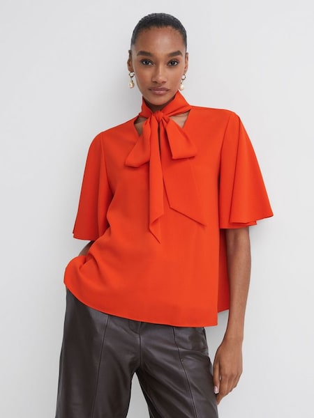 Florere Tie Neck Blouse in Bright Orange (N36464) | $111