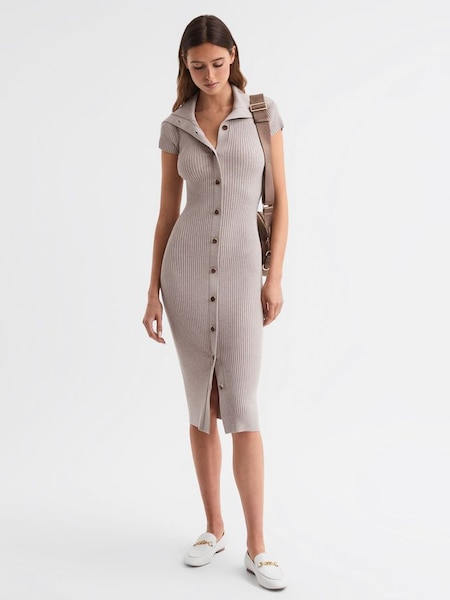 Petite Knitted Ribbed Midi Dress in Neutral (N36477) | $290