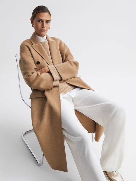 Petite Relaxed Wool Blend Double Breasted Coat in Camel (N36481) | $605