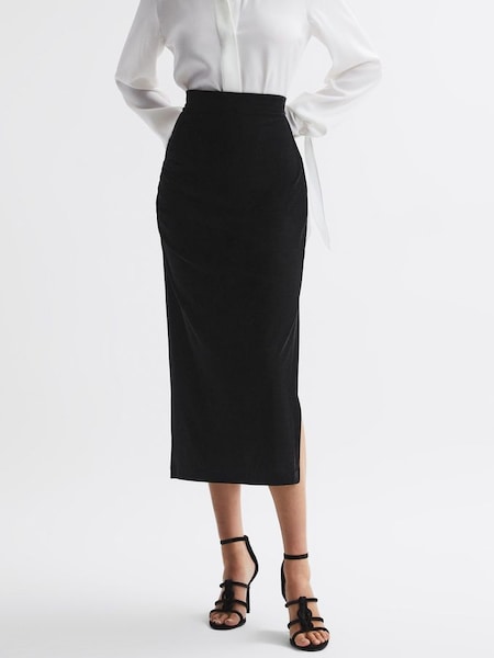 Velvet Ruched Midi Skirt in Black (N36943) | €185