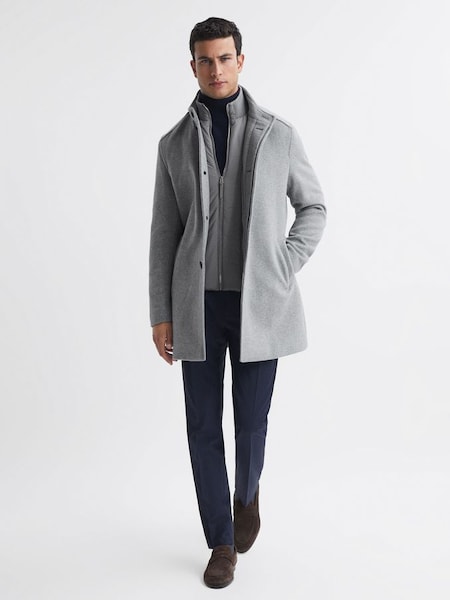 Wool Removable Insert Longline Coat in Grey (N37693) | $540
