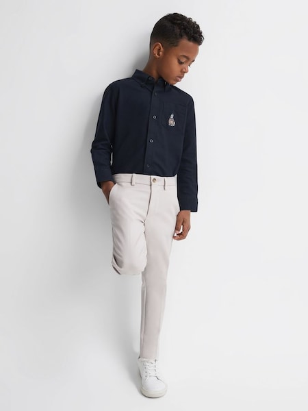 Junior slim-fit overhemd in marineblauw met knoopjeskraag en motief (N37730) | € 22