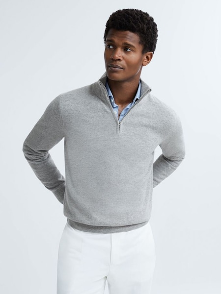 Atelier Cashmere Half-Zip Funnel Neck Jumper in Soft Grey Melange (N37740) | $165