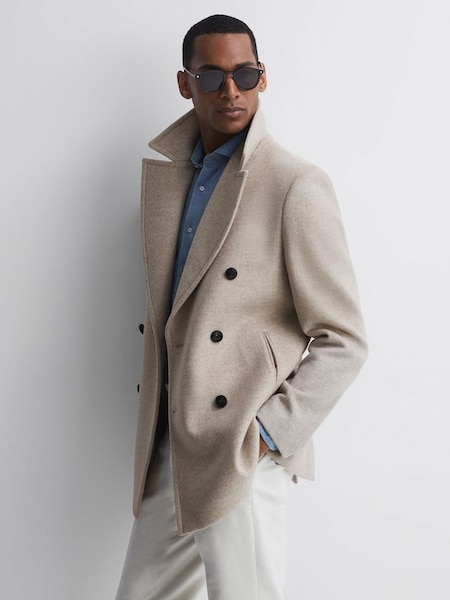 Manteau couleur mélange de grège en laine à double boutonnage (N38219) | 242 €