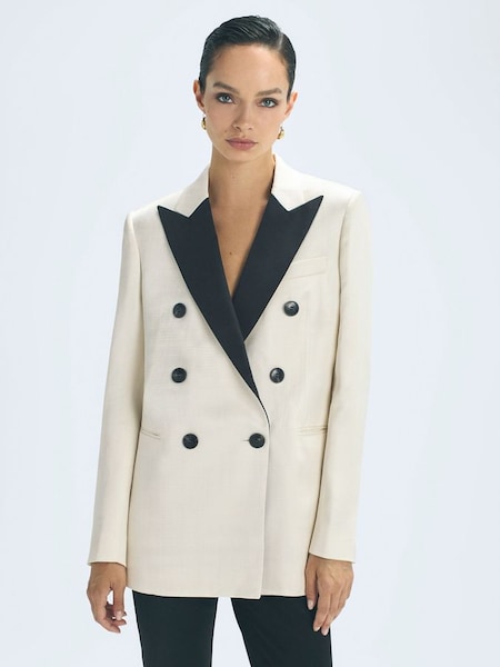 Atelier - Zwarte/witte aansluitende double-breasted blazer met contrast (N39458) | € 426