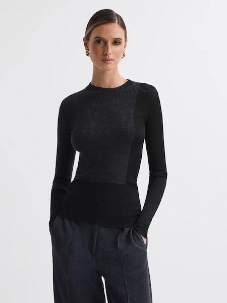 Hybrid Wool-Silk Knit T-Shirt in Black/Charcoal (N39474) | €69