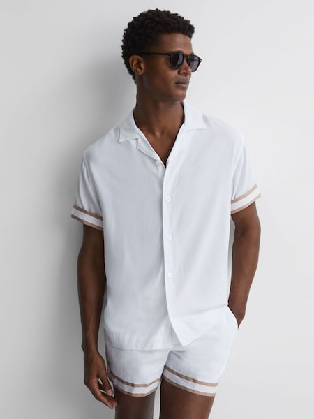 Reiss | Ché Contrast Cuff Cuban Collar Shirt in White/Beige (N40577) | $160