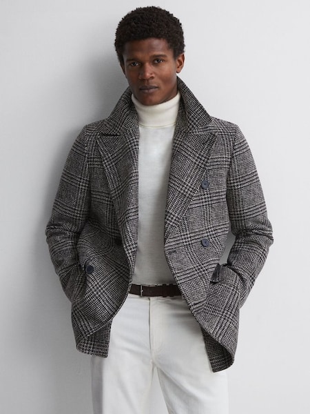 Manteau à carreaux en laine à double boutonnage couleur noir/marron (N40594) | 199 €