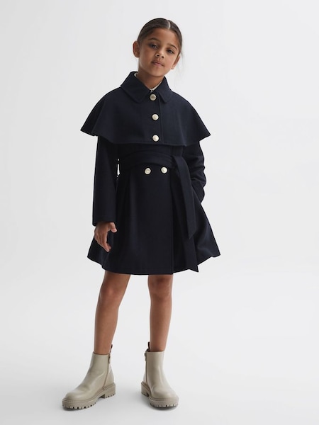 Junior Wool Shoulder Cape Coat in Navy (N42236) | $190