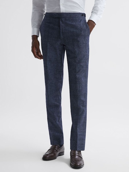 Pantalon slim à carreaux en laine et lin mélangés indigo (N42248) | 71 €