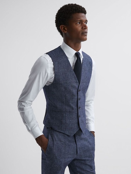 Slim Fit Wool-Linen Check Waistcoat in Indigo (N42250) | HK$602