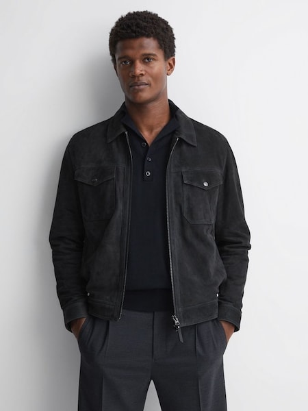 Suede Zip-Through Trucker Jacket in Slate (N44207) | HK$3,425