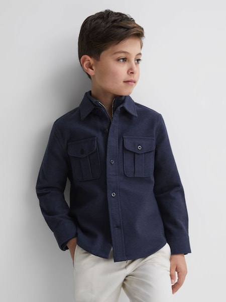 Junior Brushed Cotton Patch Pocket Overshirt in Eclipse Blue (N45200) | $60