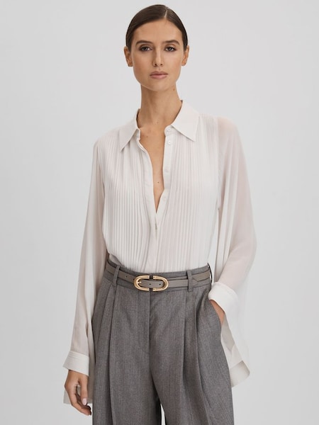 Pleated Flared Sleeve Blouse in Pale Blue (N49015) | $325