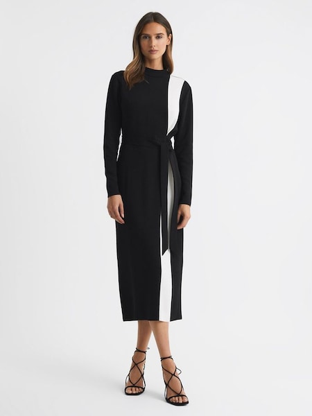 Robe mi-longue noir/blanc à ceinture et rayures contrastantes (N57491) | 191 €