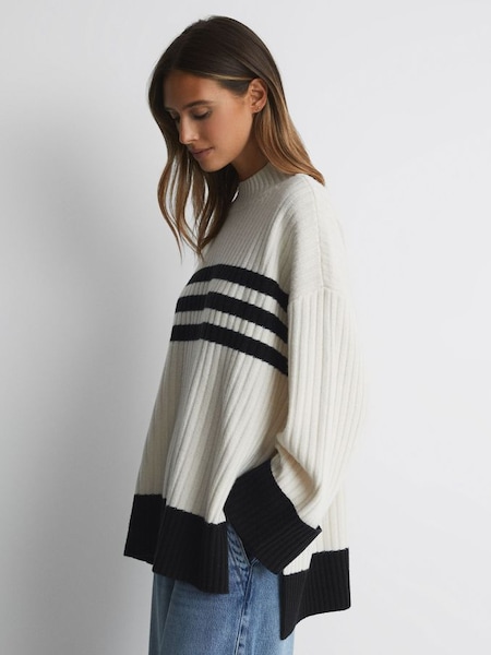Ribbed Wool Funnel Neck Jumper in Cream/Navy (N57610) | CHF 128