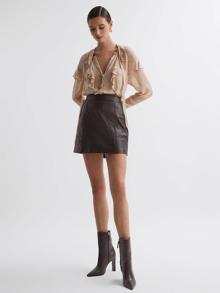 Leather High Rise Mini Skirt in Chocolate (N57726) | HK$2,980