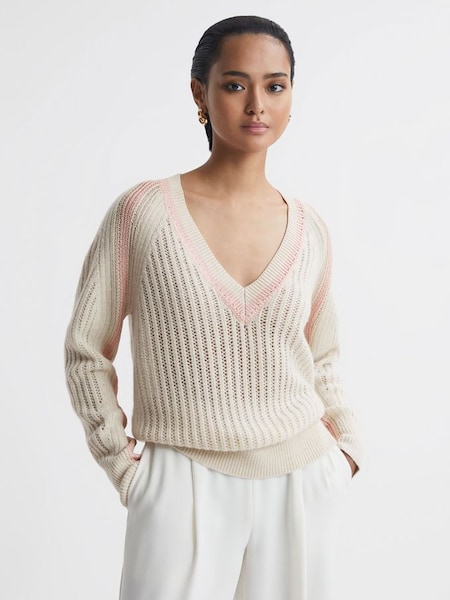 Wool Blend Knitted V-Neck Jumper in Cream/Nude (N58713) | CHF 97