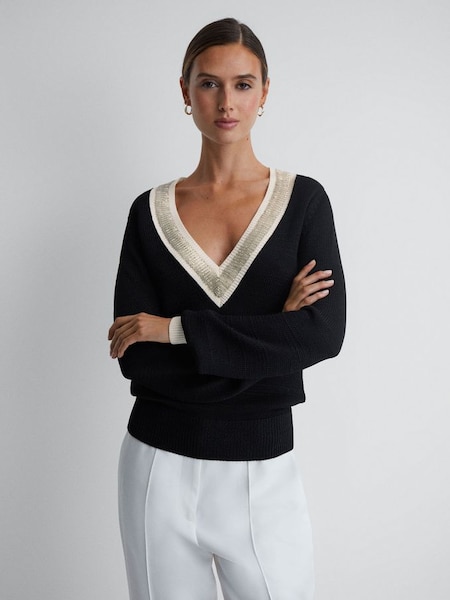 Contrast Trim Embellished V-Neck Jumper in Black/Cream (N58715) | CHF 245