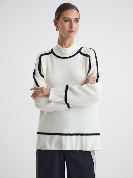 Casual Wool Contrast Funnel Neck Jumper in Ivory/Black (N58717) | CHF 113