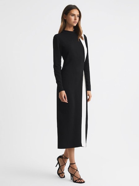 Petite Contrast Stripe Belted Midi Dress in Black/White (N63852) | $400