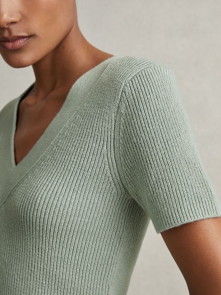 Cotton Blend Knitted V-Neck Top in Sage (N69233) | $160