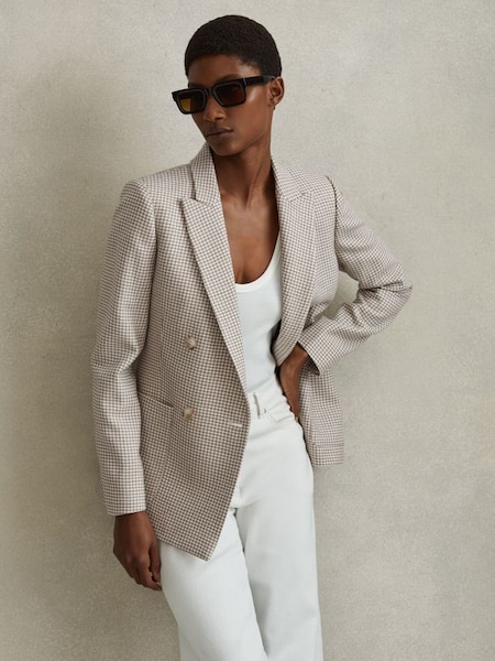 Wool Blend Double Breasted Dogtooth Blazer in Beige Check (N69327) | $515
