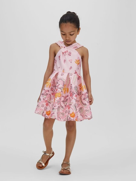 Junior scuba jurk met strik, aansluitend lijfje en uitlopende rok in roze (N69361) | € 80