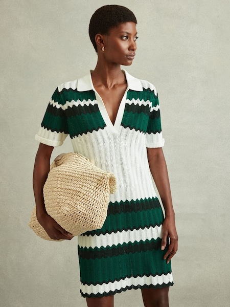Knitted Tunic Dress in Green/White (N69490) | $240