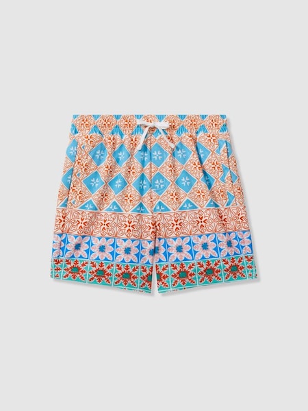 Floral Tile Print Drawstring Swim Shorts in Orange Multi (N71502) | SAR 170