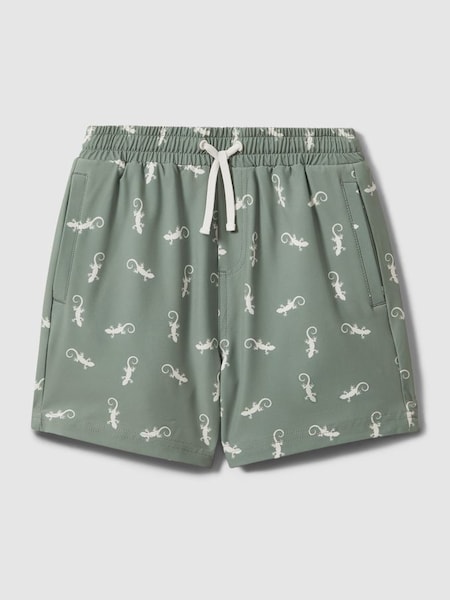 Reptile Print Drawstring Swim Shorts in Sage/White (N71522) | $50