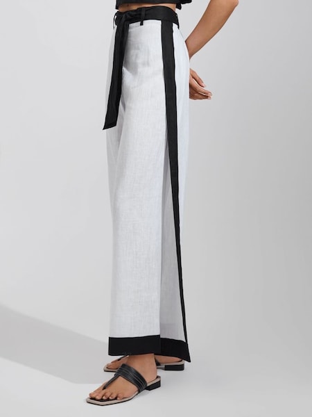 Linen Side Split Trousers in White/Navy (N71910) | CHF 200
