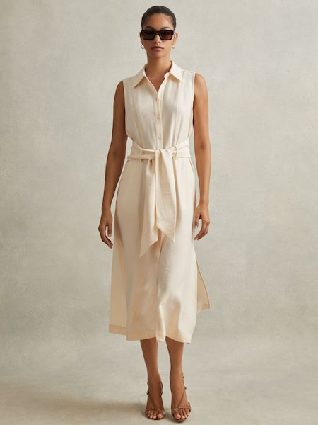 Viscose Blend Belted Shirt Dress in Cream (N72367) | $260
