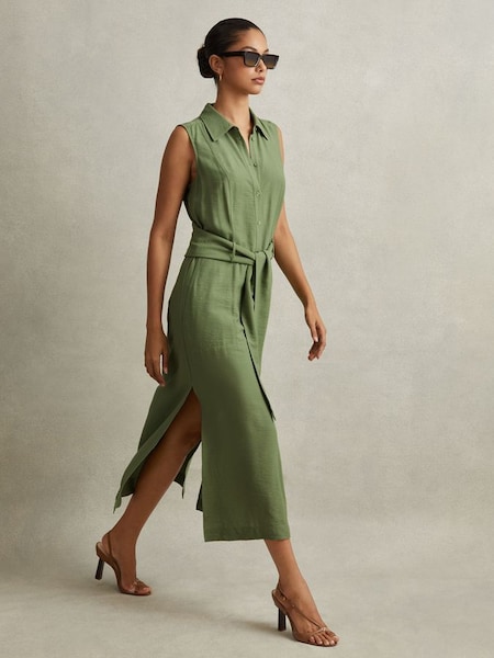 Petite Viscose Blend Belted Shirt Dress in Green (N72381) | $210
