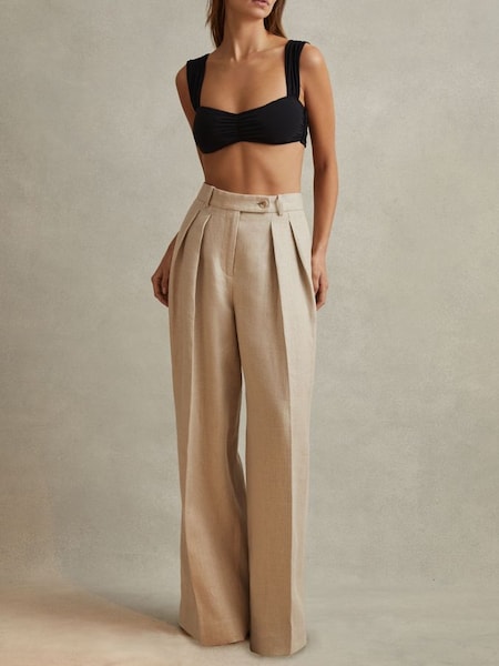 Petite Linen Wide Leg Suit Trousers in Natural (N72412) | $360