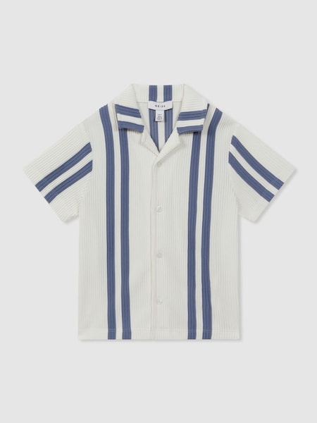 Ribbed Striped Cuban Collar Shirt in White/Airforce Blue (N72476) | $55