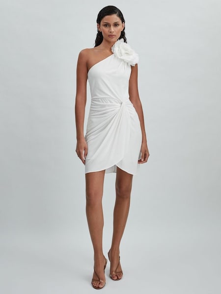Halston witte mini-jurk met ruches en één schouder (N72484) | € 780