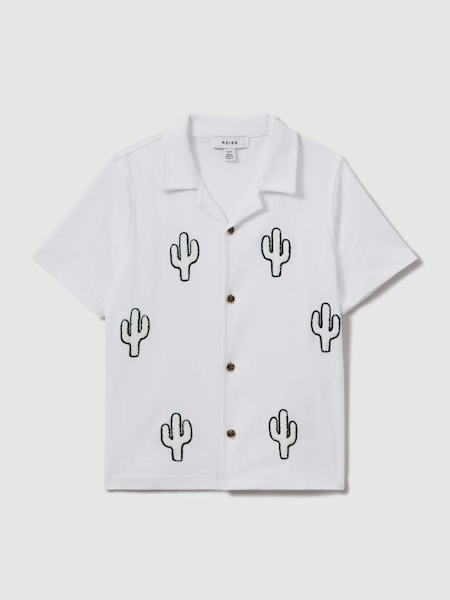 Chemise en coton à col cubain motif cactus, blanche (N74027) | 55 €