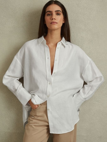 Wit ruimvallend linnen Lyocell overhemd met knopen (N74082) | € 195