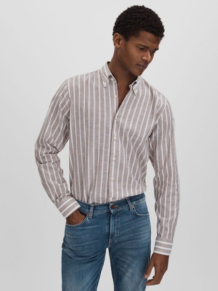 Oscar Jacobson Cotton-Linen Striped Shirt in Beige (N74086) | HK$2,240