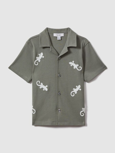 Cotton Reptile Patch Cuban Collar Shirt in Sage/White (N74112) | $80