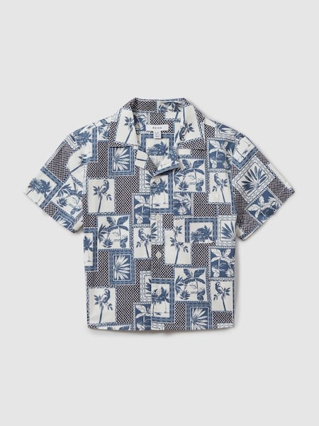 Cotton Blend Collage Cuban Collar Shirt in Airforce Blue (N74114) | $70