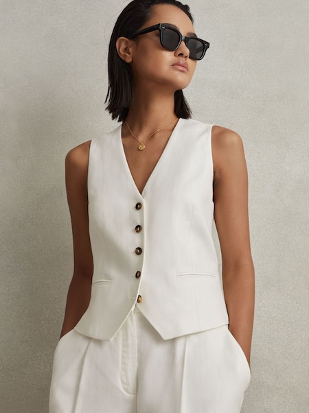 Viscose Linen Single Breasted Suit Waistcoat in White (N74146) | HK$2,530