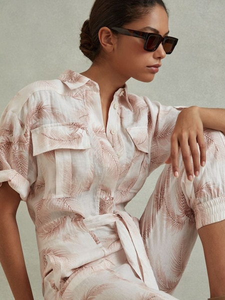 Linen Tropical Print Belted Jumpsuit in Blush (N74152) | HK$3,730