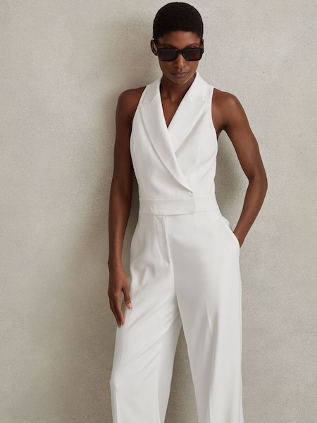 Double Breasted Satin Tux Jumpsuit in White (N74158) | HK$3,430